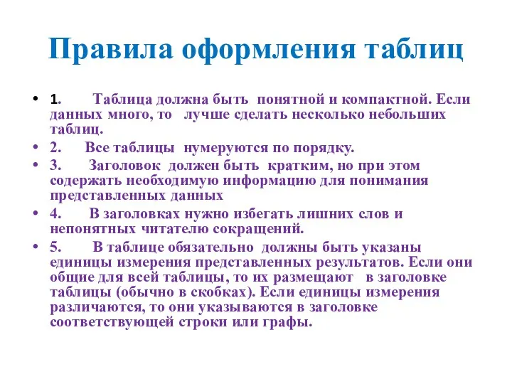 Правила оформления таблиц 1. Таблица должна быть понятной и компактной.