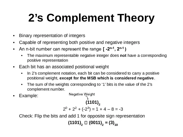 2’s Complement Theory Binary representation of integers Capable of representing