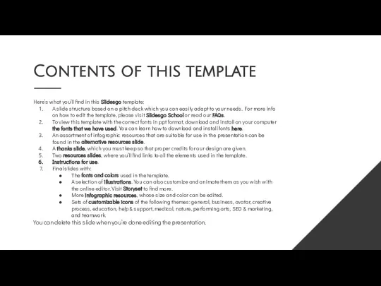 Contents of this template Here’s what you’ll find in this Slidesgo template: A