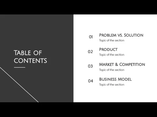 Table of contents Topic of the section Problem vs. Solution Product Topic of