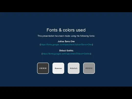 Fonts & colors used This presentation has been made using the following fonts: