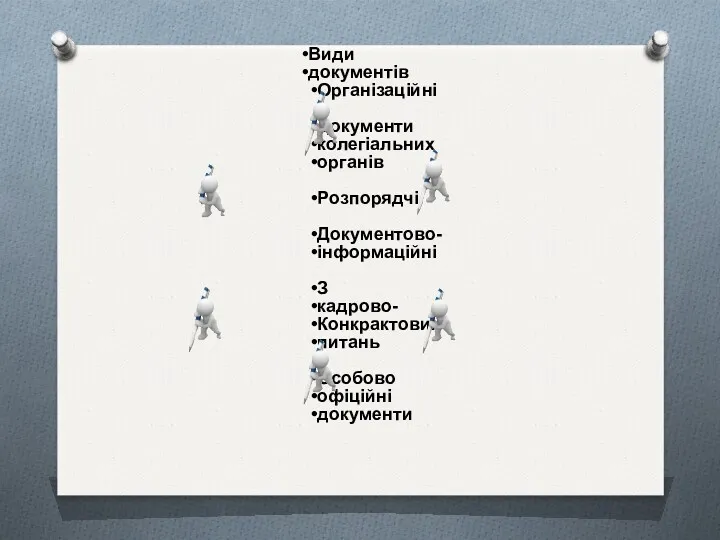 Види документів Організаційні Документи колегіальних органів Розпорядчі Документово- інформаційні З кадрово- Конкрактових питань Особово офіційні документи