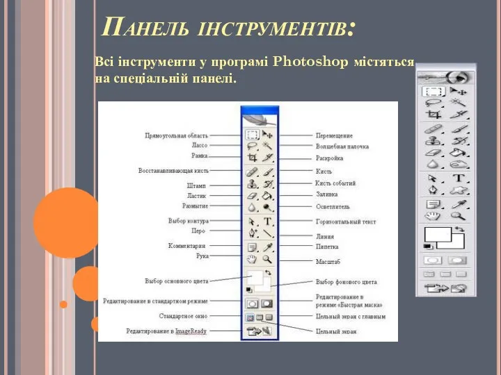Панель інструментів: Всі інструменти у програмі Photoshop містяться на спеціальній панелі.