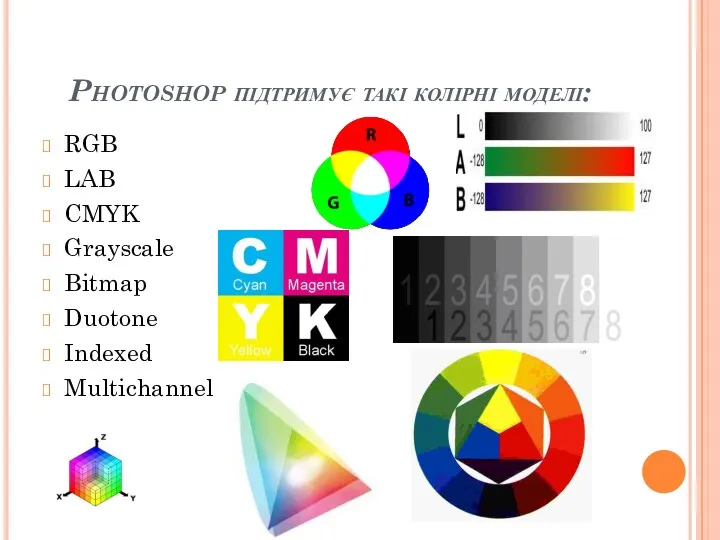 Photoshop підтримує такі колірні моделі: RGB LAB CMYK Grayscale Bitmap Duotone Indexed Multichannel