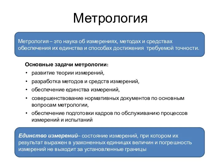 Метрология Единство измерений– состояние измерений, при котором их результат выражен