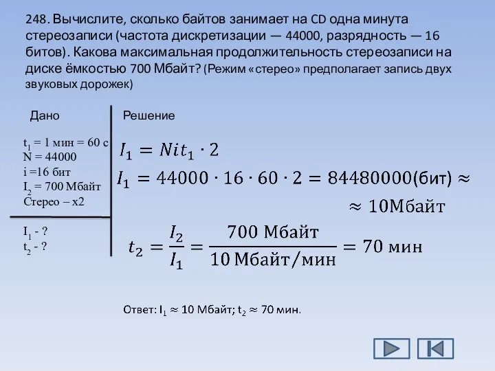 248. Вычислите, сколько байтов занимает на CD одна минута стереозаписи