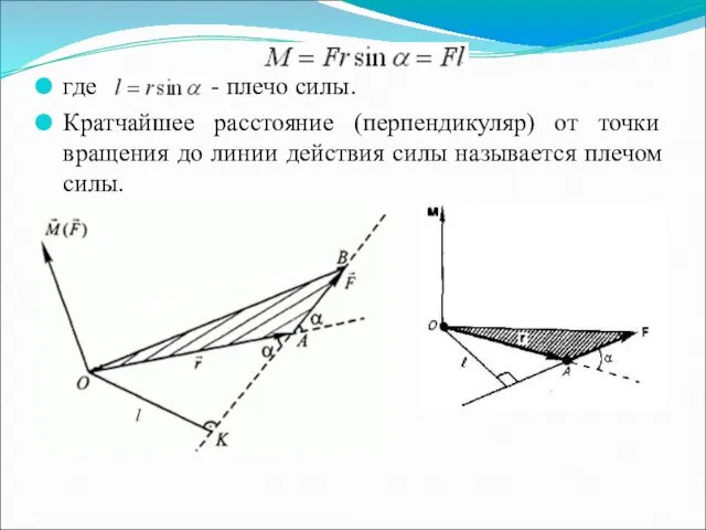 где - плечо силы. Кратчайшее расстояние (перпендикуляр) от точки вращения