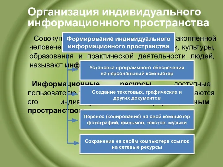 Организация индивидуального информационного пространства Совокупность всей информации, накопленной человечеством в