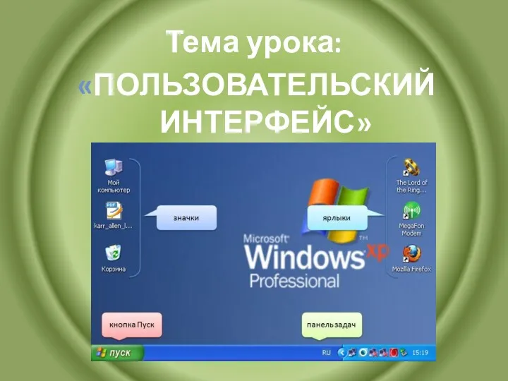 Тема урока: «ПОЛЬЗОВАТЕЛЬСКИЙ ИНТЕРФЕЙС»