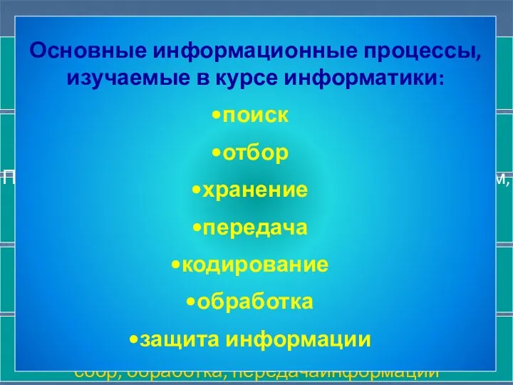 Наиболее обобщенными информационными процессами являются: сбор, обработка, передачаинформации Информация образуется