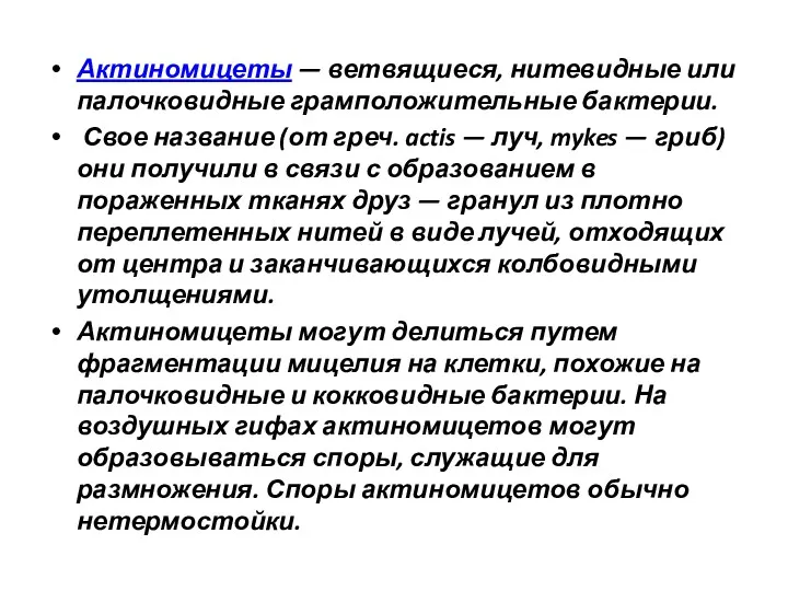 Актиномицеты — ветвящиеся, нитевидные или палочковидные грамположительные бактерии. Свое название