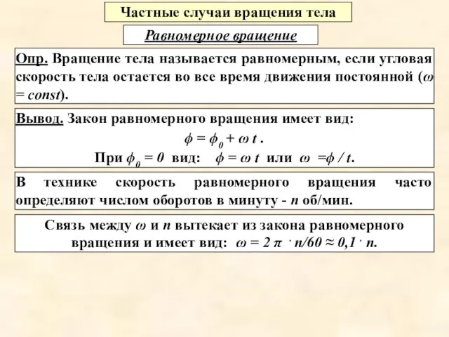 Частные случаи вращения тела Равномерное вращение Опр. Вращение тела называется