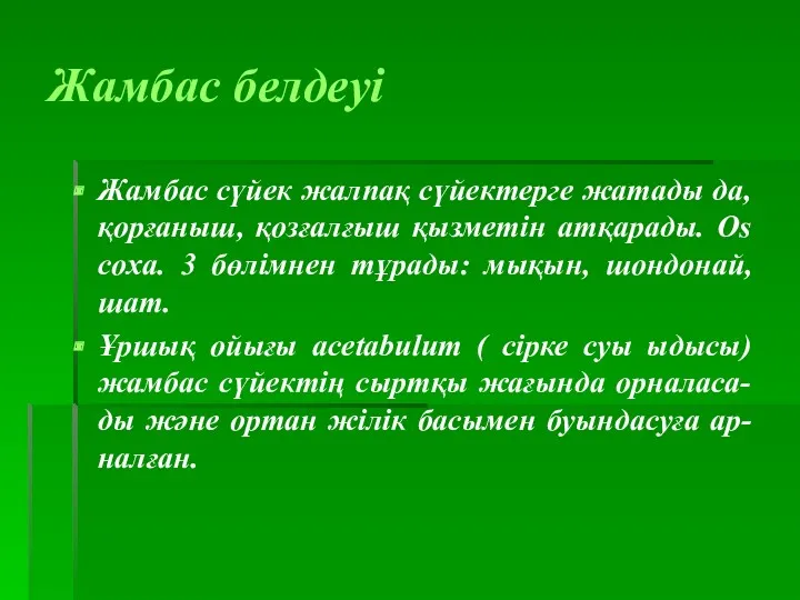 Жамбас белдеуі Жамбас сүйек жалпақ сүйектерге жатады да, қорғаныш, қозғалғыш