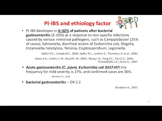PI-IBS and ethiology factor PI-IBS developes in 4–32% of patients after bacterial gastroenteritis