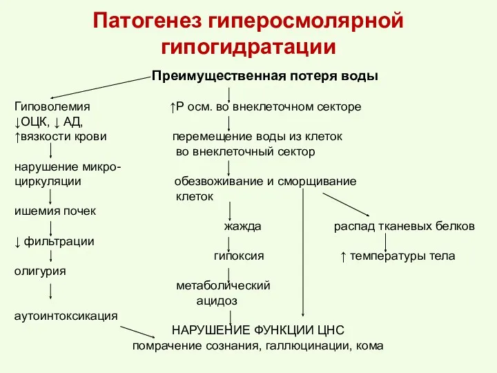 Патогенез гиперосмолярной гипогидратации Преимущественная потеря воды Гиповолемия ↑Р осм. во