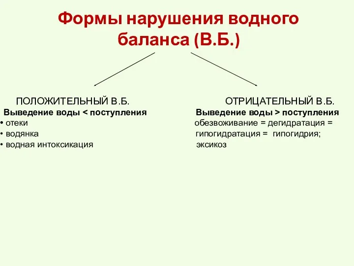 Формы нарушения водного баланса (В.Б.) ПОЛОЖИТЕЛЬНЫЙ В.Б. ОТРИЦАТЕЛЬНЫЙ В.Б. Выведение