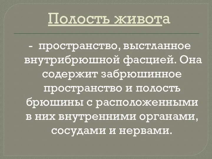 Полость живота - пространство, выстланное внутрибрюшной фасцией. Она содержит забрюшинное