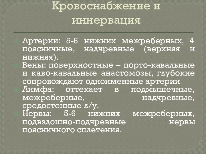 Кровоснабжение и иннервация Артерии: 5-6 нижних межреберных, 4 поясничные, надчревные