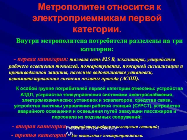 Presentation by Kuletsky A.N. Метрополитен относится к электроприемникам первой категории. Внутри метрополитена потребители