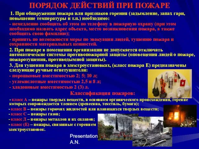 Presentation by Kuletsky A.N. ПОРЯДОК ДЕЙСТВИЙ ПРИ ПОЖАРЕ 1. При обнаружении пожара или