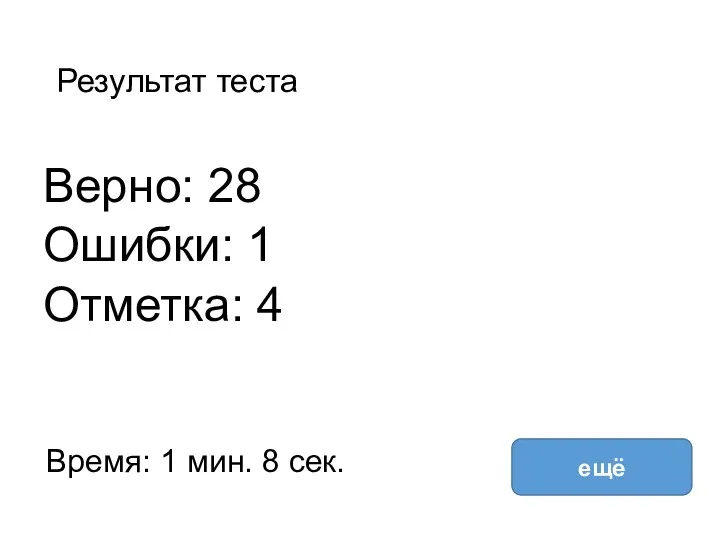 Результат теста Верно: 28 Ошибки: 1 Отметка: 4 Время: 1 мин. 8 сек. ещё