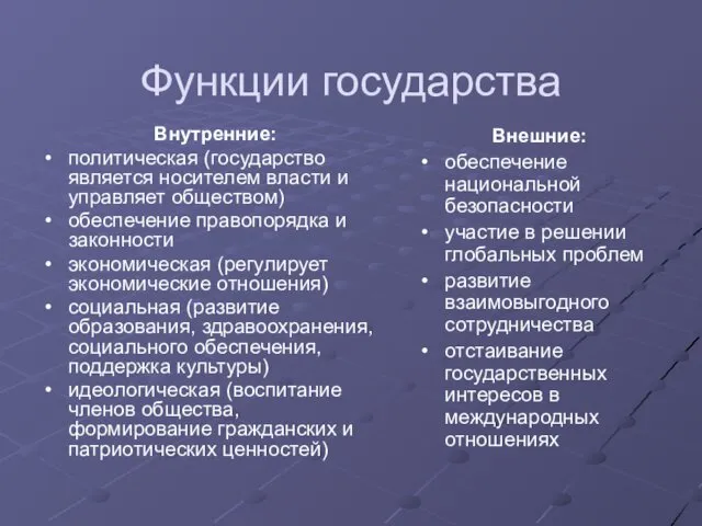 Функции государства Внутренние: политическая (государство является носителем власти и управляет