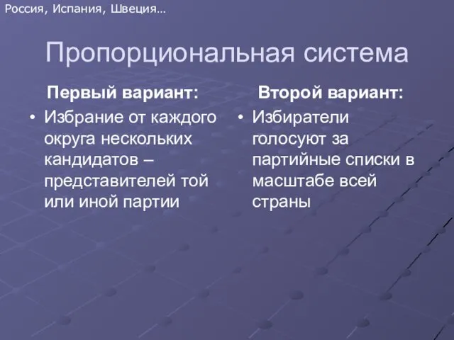 Пропорциональная система Первый вариант: Избрание от каждого округа нескольких кандидатов