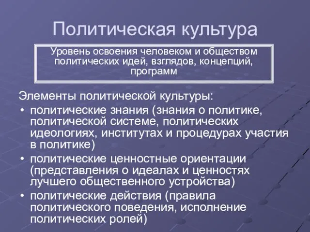 Политическая культура Элементы политической культуры: политические знания (знания о политике,