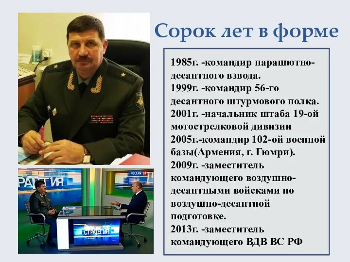 Сорок лет в форме 1985г. -командир парашютно-десантного взвода. 1999г. -командир