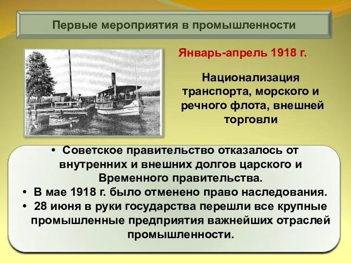 Первые мероприятия в промышленности Советское правительство отказалось от внутренних и внешних долгов царского