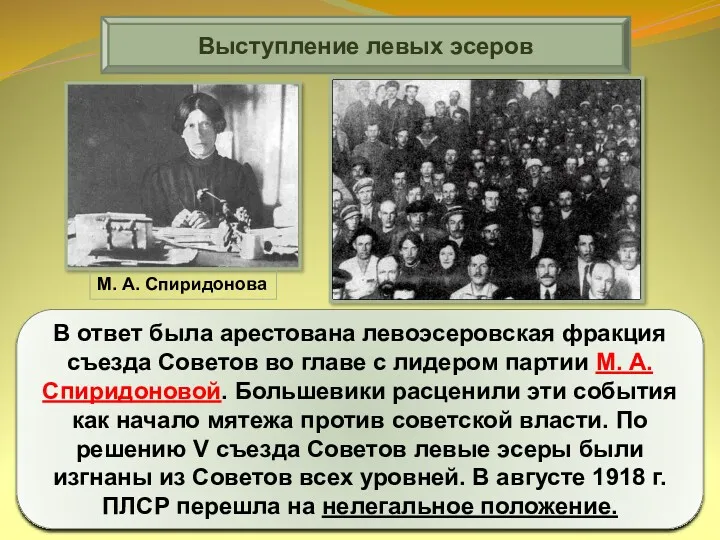 Выступление левых эсеров В ответ была арестована левоэсеровская фракция съезда Советов во главе