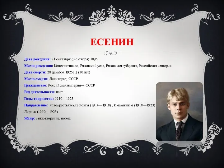 ЕСЕНИН Дата рождения: 21 сентября (3 октября) 1895 Место рождения: