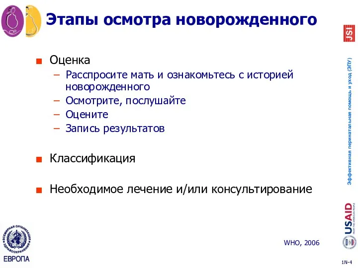 Этапы осмотра новорожденного Оценка Расспросите мать и ознакомьтесь с историей