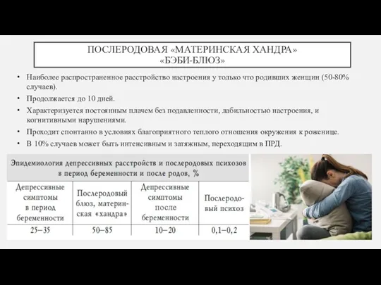 ПОСЛЕРОДОВАЯ «МАТЕРИНСКАЯ ХАНДРА» «БЭБИ-БЛЮЗ» Наиболее распространенное расстройство настроения у только