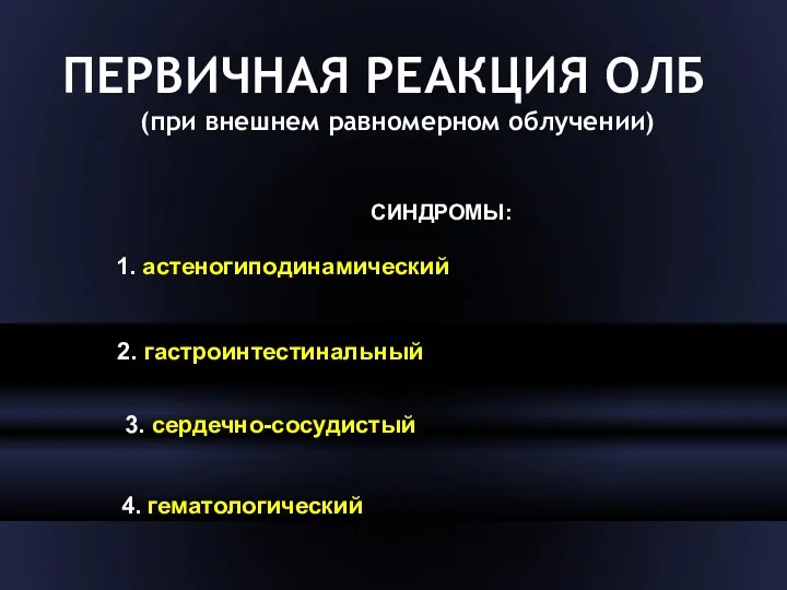 ПЕРВИЧНАЯ РЕАКЦИЯ ОЛБ (при внешнем равномерном облучении) СИНДРОМЫ: 1. астеногиподинамический 2. гастроинтестинальный 3. сердечно-сосудистый 4. гематологический