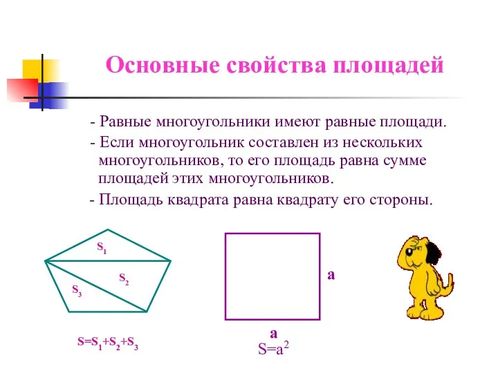 Основные свойства площадей - Равные многоугольники имеют равные площади. -