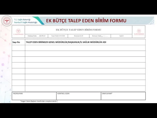 EK BÜTÇE TALEP EDEN BİRİM FORMU