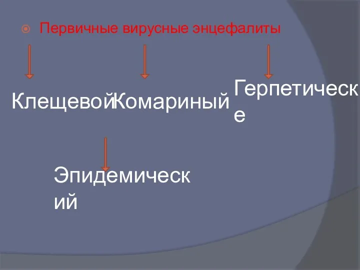 Первичные вирусные энцефалиты Комариный Герпетические Эпидемический Клещевой