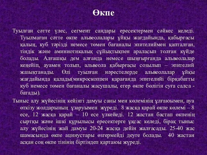 Өкпе Туылған сәтте үлес, сегмент сандары ересектермен сәйкес келеді. Туылмаған