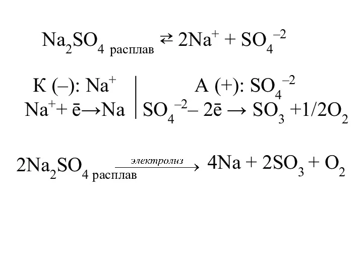 Na2SO4 расплав ⇄ 2Na+ + SO4–2 К (–): Na+ Na++