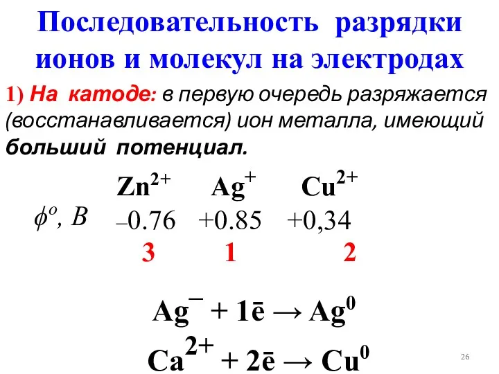 Последовательность разрядки ионов и молекул на электродах 1) На катоде: в первую очередь