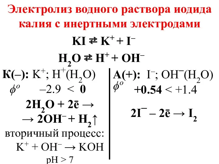 Электролиз водного раствора иодида калия с инертными электродами KI ⇄ K+ + I–