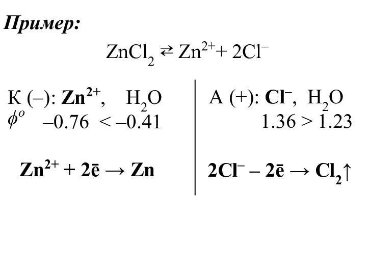 Пример: ZnCl2 ⇄ Zn2++ 2Cl– К (–): Zn2+, H2O –0.76 А (+): Cl–,