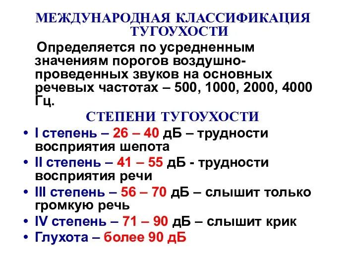 МЕЖДУНАРОДНАЯ КЛАССИФИКАЦИЯ ТУГОУХОСТИ Определяется по усредненным значениям порогов воздушно-проведенных звуков