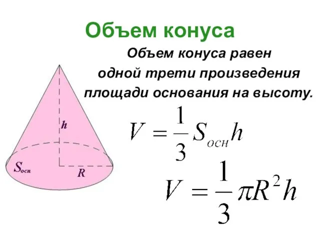 Объем конуса Объем конуса равен одной трети произведения площади основания на высоту.