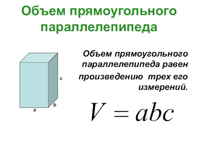 Объем прямоугольного параллелепипеда Объем прямоугольного параллелепипеда равен произведению трех его измерений.