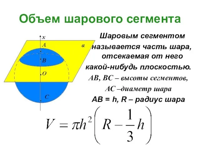 Объем шарового сегмента Шаровым сегментом называется часть шара, отсекаемая от