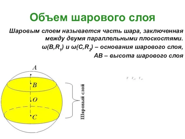 Объем шарового слоя Шаровым слоем называется часть шара, заключенная между