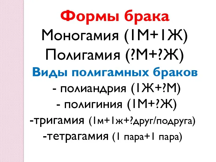 Формы брака Моногамия (1М+1Ж) Полигамия (?М+?Ж) Виды полигамных браков -