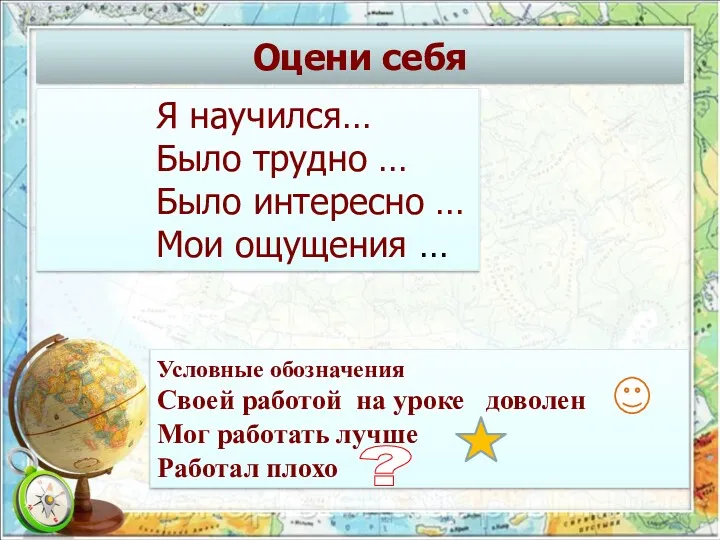 Оцени себя Я научился… Было трудно … Было интересно …